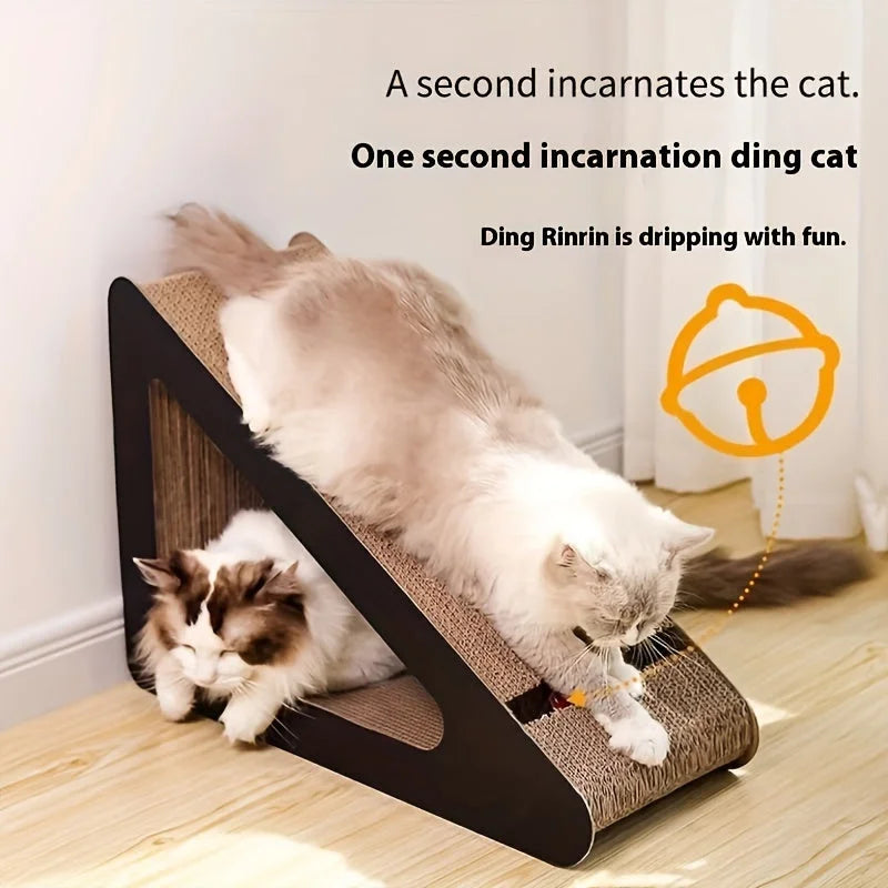 Cats having fun on an innovative scratcher featuring an engaging bell toy, recognized as one of the best cat scratchers for playful cats.