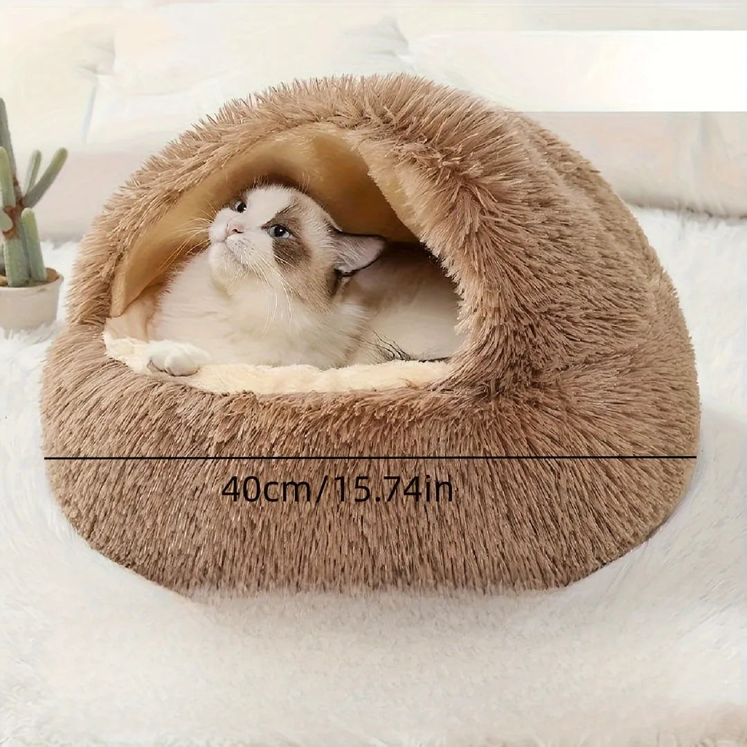 Brown Furb Cat Bed with visible dimensions, perfect for ensuring a snug and comfortable fit for your pet.