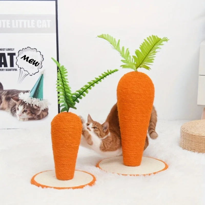 An adorable ginger cat stretching and scratching energetically on one of the carrot-shaped scratching posts for cats, highlighting pet engagement.