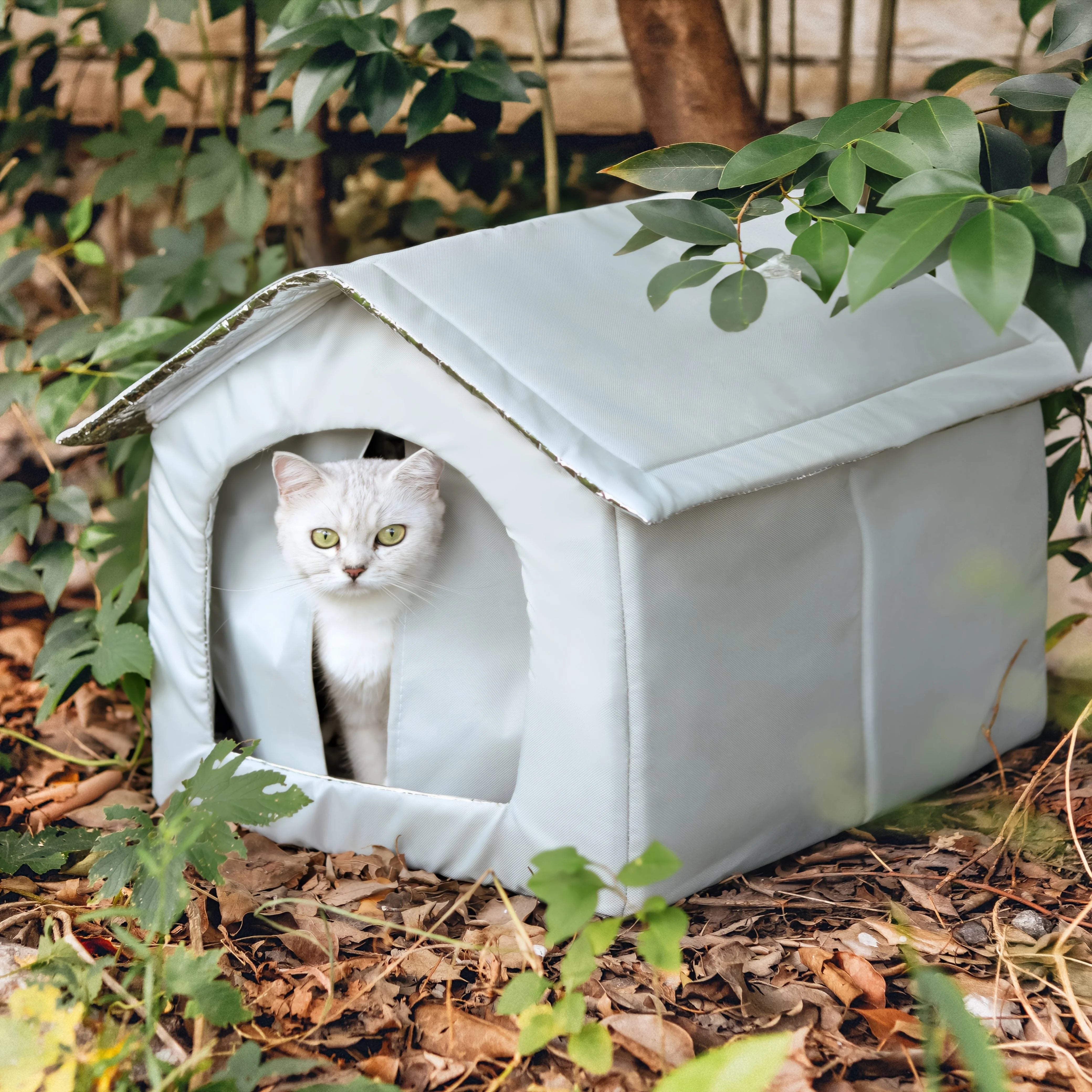 Gray indoor cat house featuring heating technology for maximum comfort.
