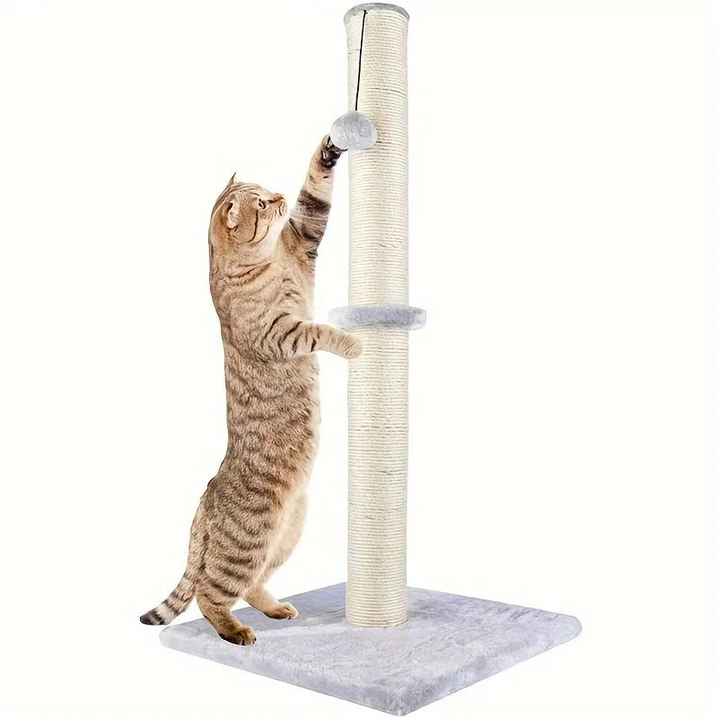 Cat actively playing with a gray-themed cat scratching post Walmart, featuring soft plush covering and interactive toy.