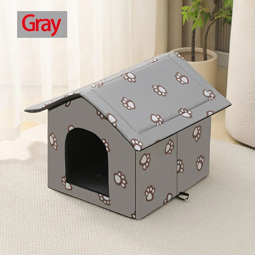 Gray outdoor cat house with weatherproof material, ensuring comfort and durability for pets