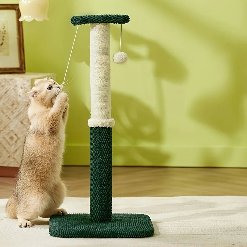 Cat playing enthusiastically with a green cat scratch post featuring a dangling toy ball.
