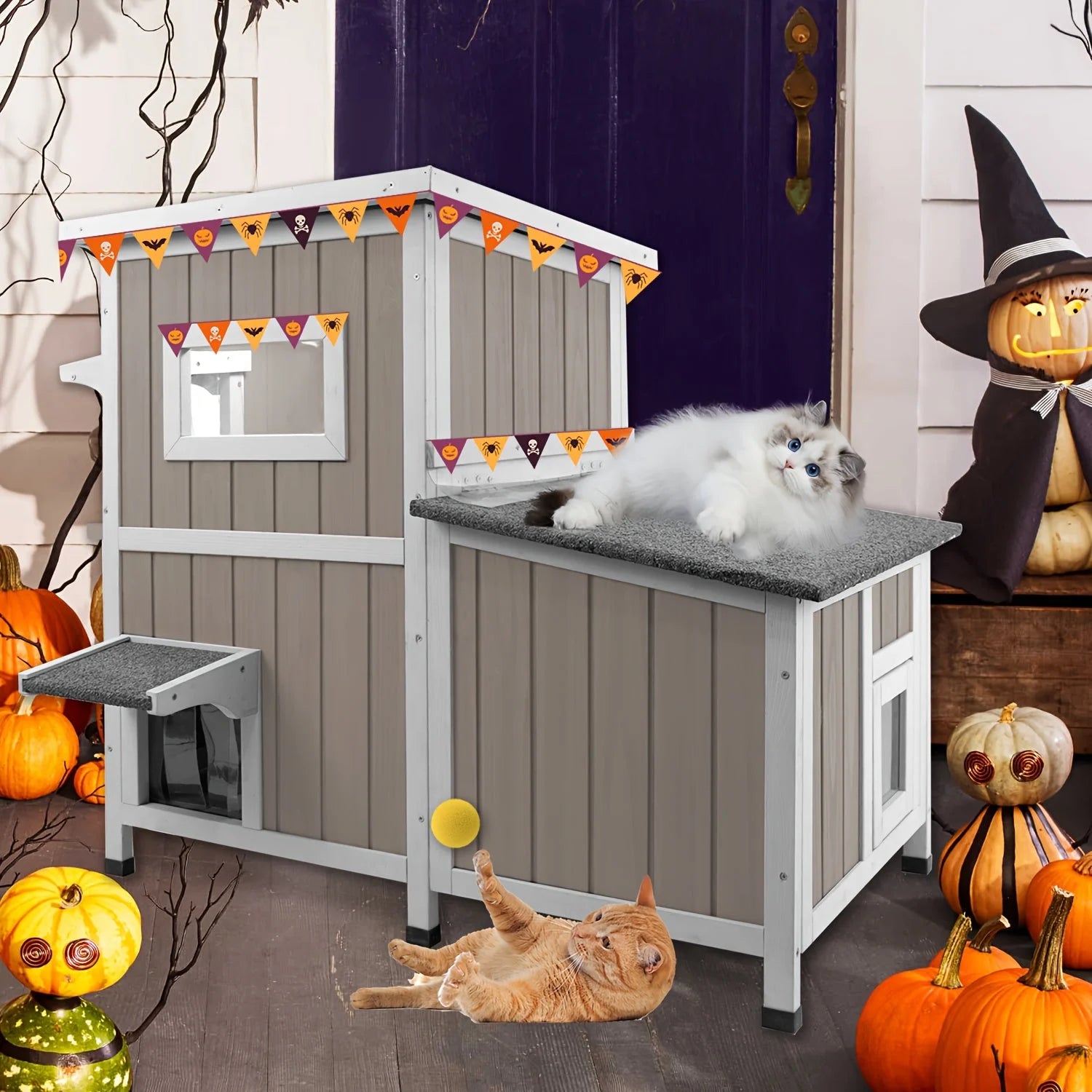 Outdoor cat house for feral cats decorated with Halloween-themed accents, perfect for festive celebrations