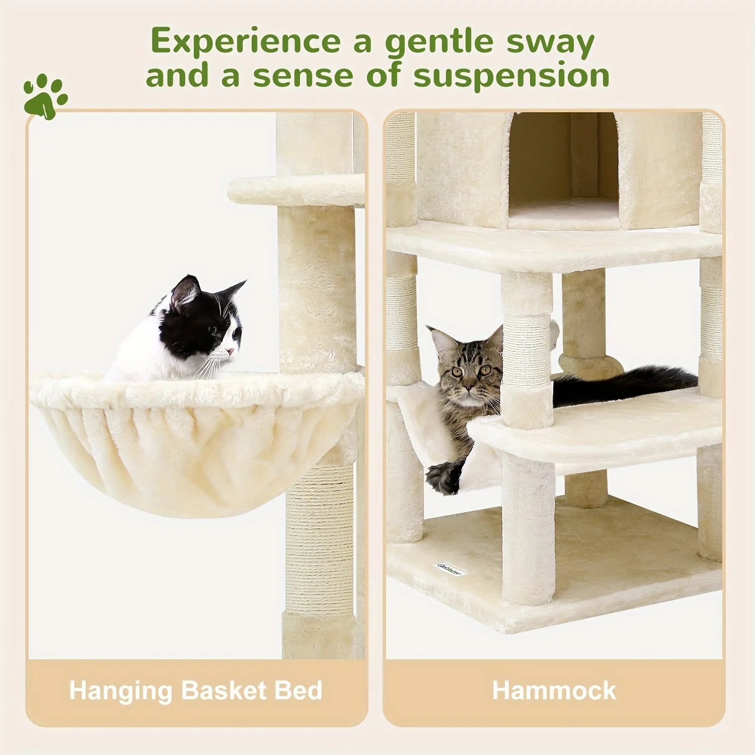 Hanging basket and hammock on a chewy cat tree, providing a cozy and swaying resting spot for cats.
