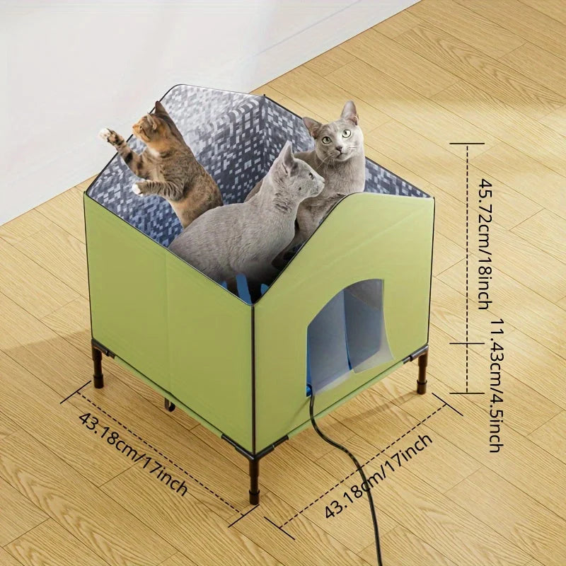 A green heated outdoor house for cats with size dimensions displayed, featuring three cats inside the insulated space.