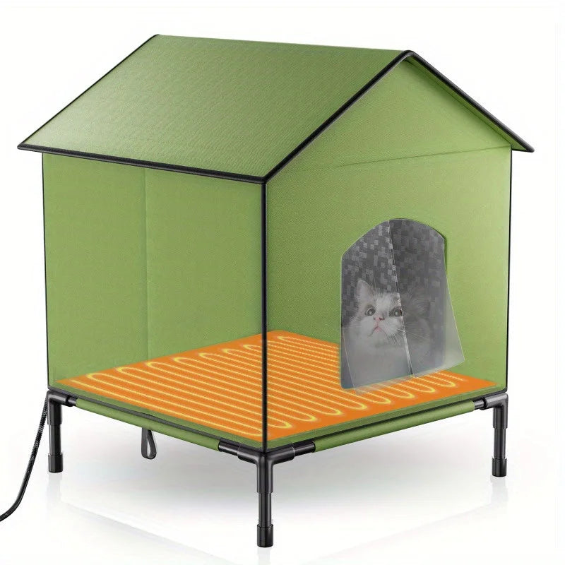 A heated outdoor house for cats equipped with windproof buckles for stability during windy conditions.