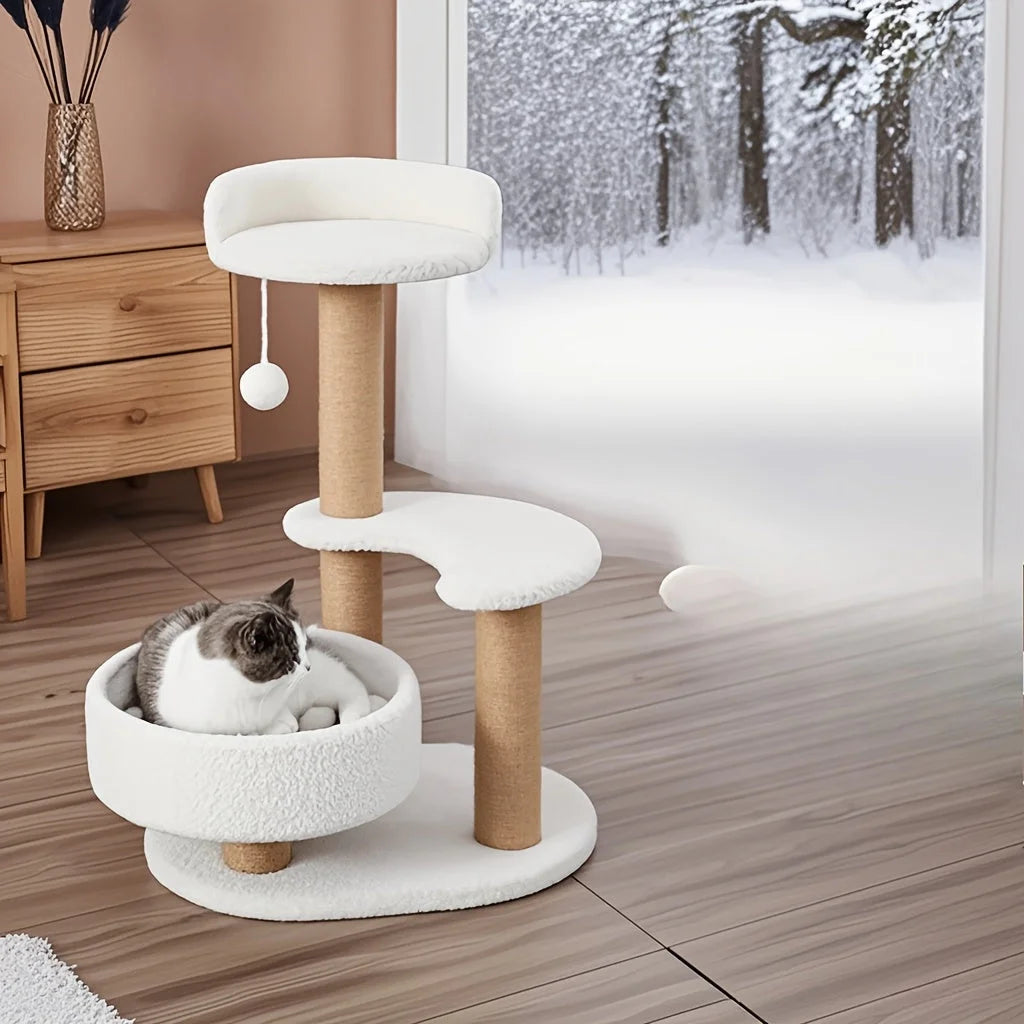A stylish cat scratching post and tree placed in a modern home interior, blending seamlessly with the décor.