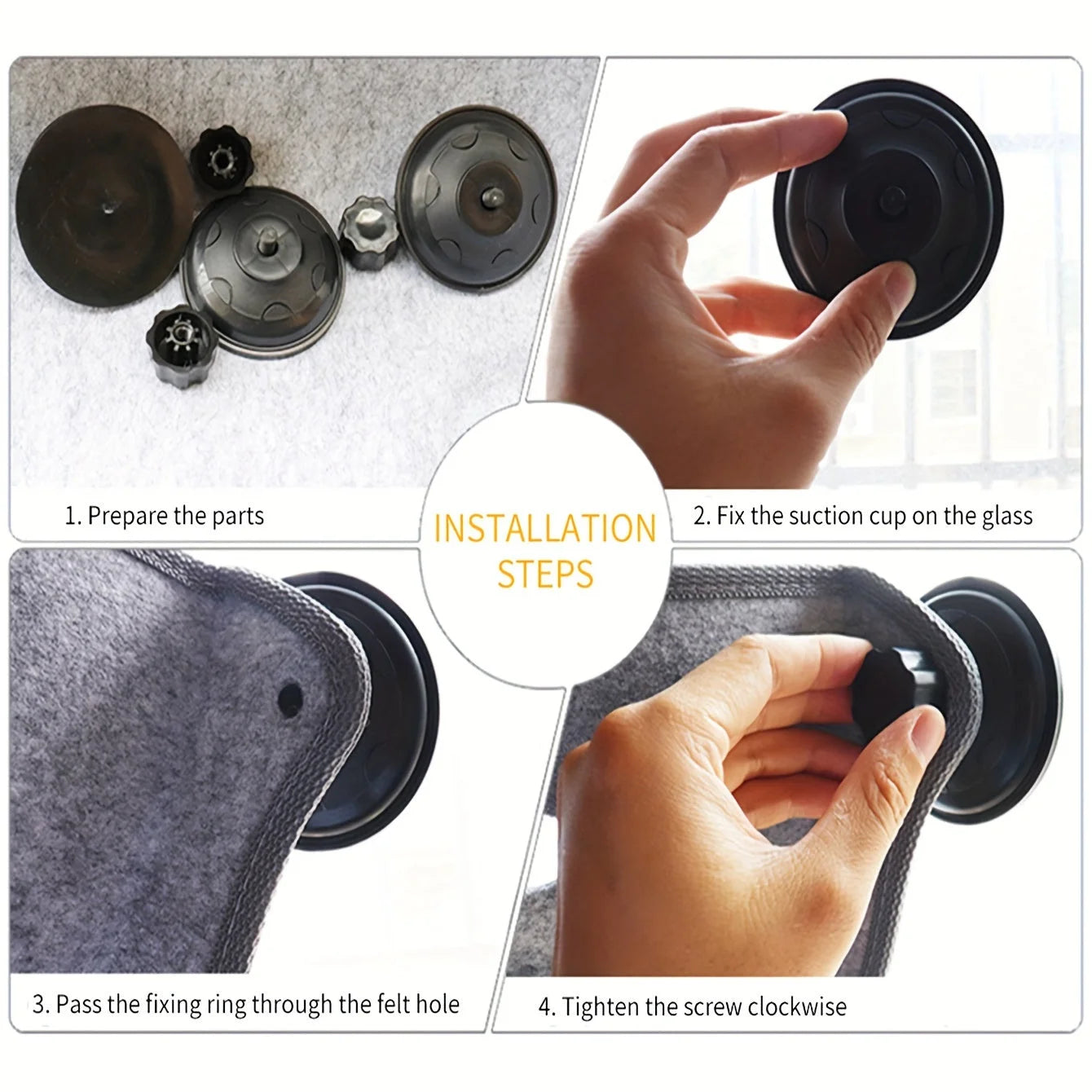 Step-by-step guide showing installation of a Window Perch for Cats, featuring suction cups, parts, and visual instructions.!!