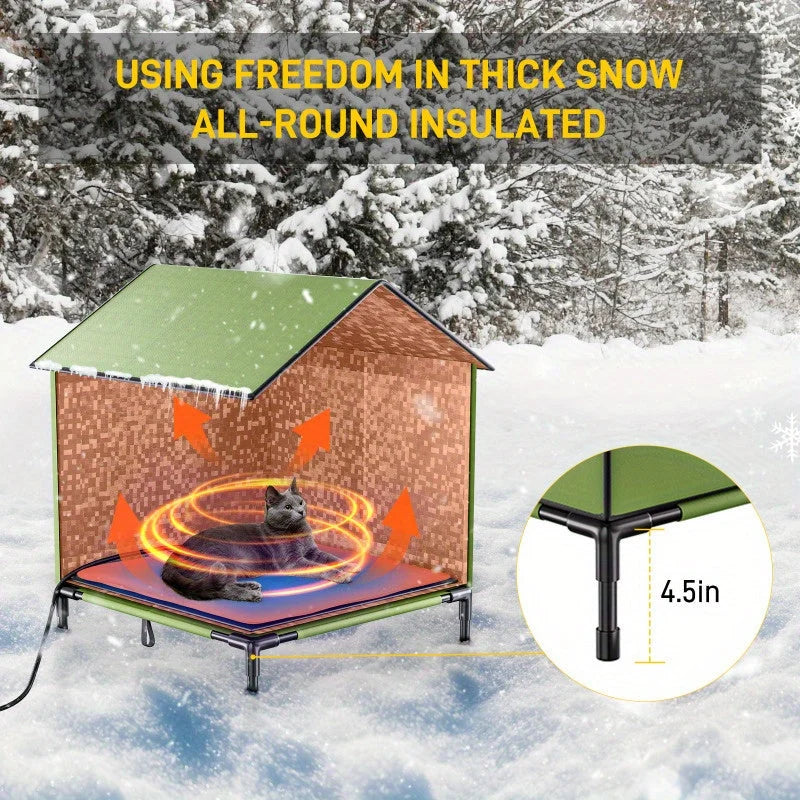 A heated outdoor house for cats, insulated for cold and snowy weather with a glowing heat effect.