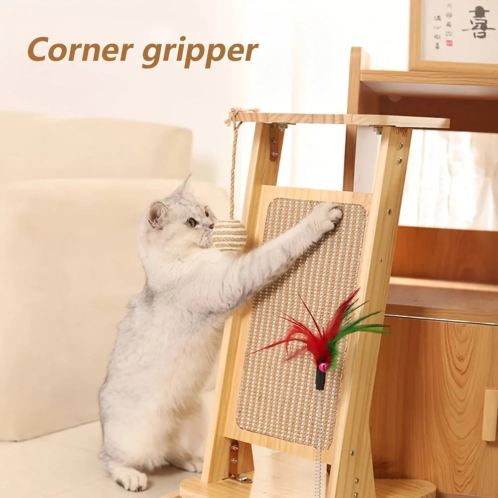 Cat enjoying the corner-gripper feature of a stable and attractive large cat scratching post.