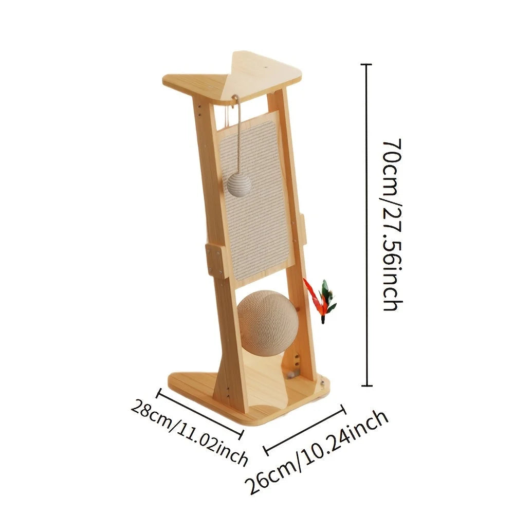 Dimensions of a large cat scratching post featuring multiple interactive toys and scratching areas, ideal for larger cats.
