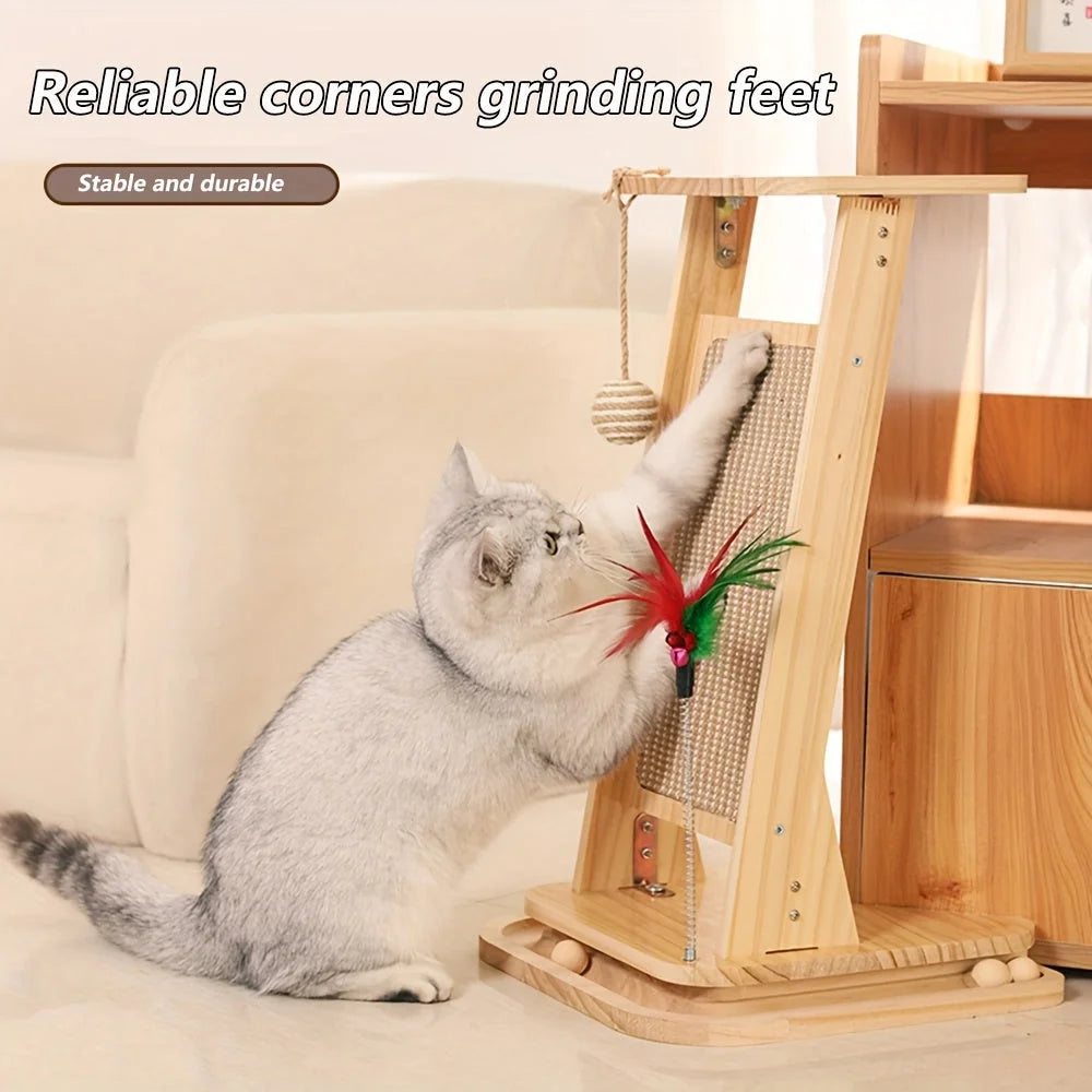 Cat comfortably stretching and scratching on a durable and stable large cat scratching post featuring interactive toys.