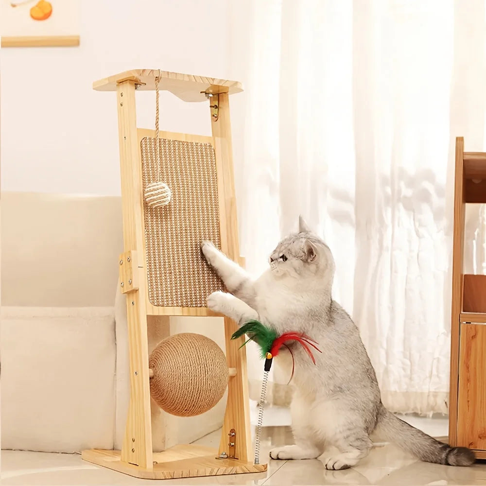 Cat engaging with toys and scratching pad on a tall, interactive large cat scratching post.