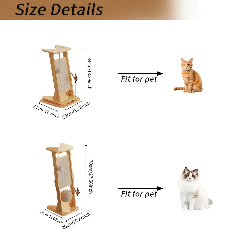 Visual size guide showing small and large versions of a wooden large cat scratching post suitable for different cat sizes.