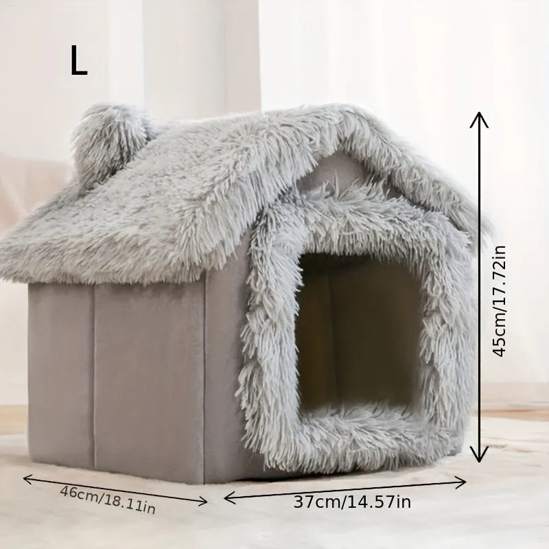 Large grey covered cat bed with fluffy edges, suitable for larger pets, with dimensions shown.