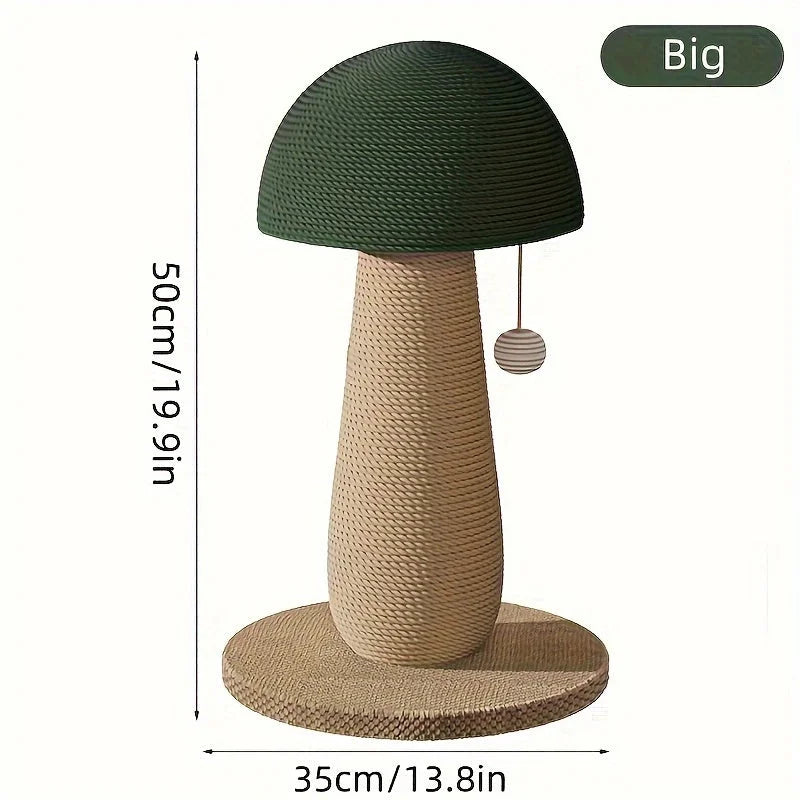 Dimensions of a large-sized good scratching post for cats, shaped like a mushroom with a stable base.