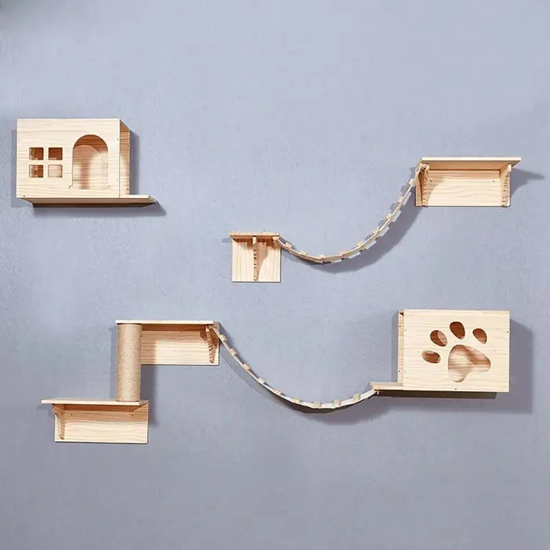 Minimalist wooden cat wall playground shelves featuring steps, cubbies, and bridges for cats to climb and explore.