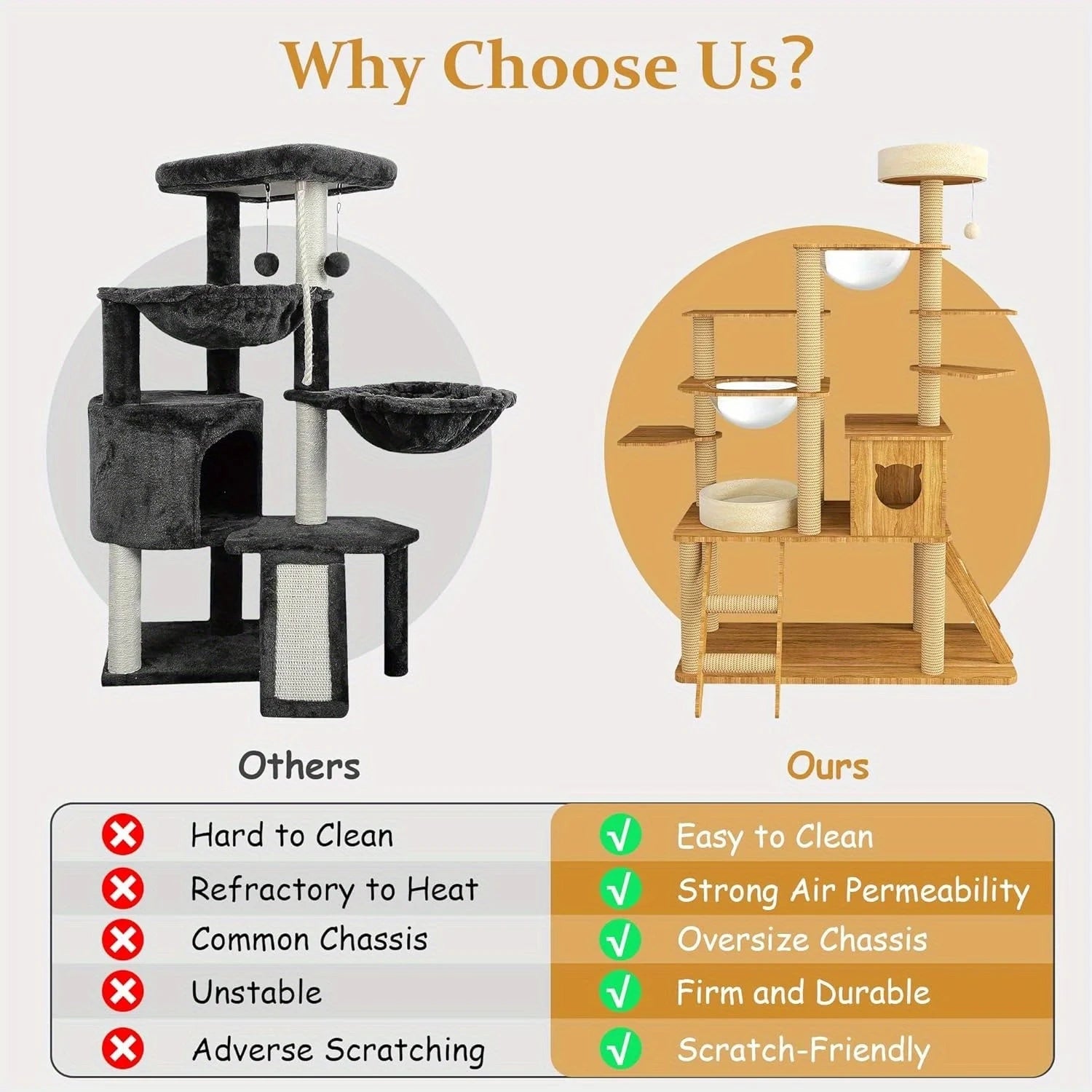 Comparison between a durable wooden cat tower and a traditional cat tree, highlighting stability, easy cleaning, and scratch-friendly design."