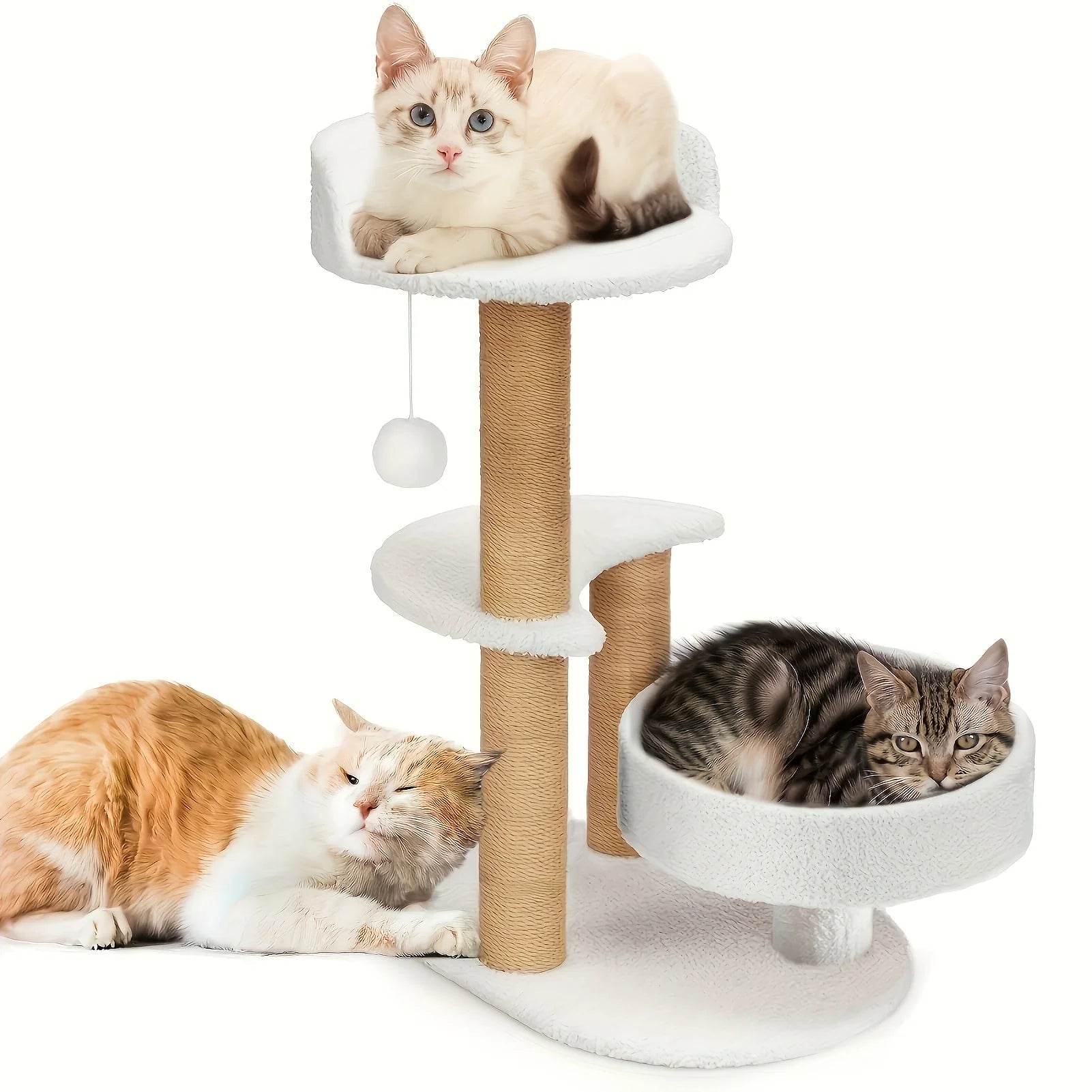 Multiple cats comfortably resting and playing on a soft, multi-level cat scratching post and tree.