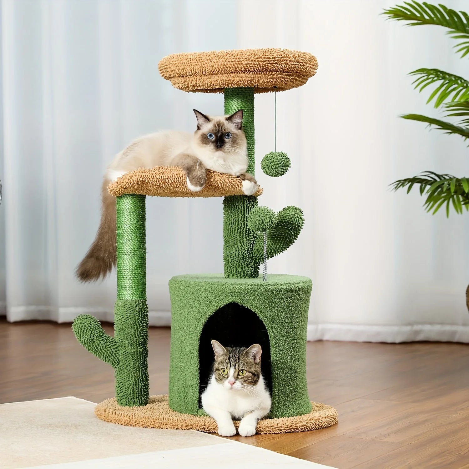Multi-level cactus-themed cat tower and scratching post with a round condo, interactive toys, and comfortable perches for small cats."