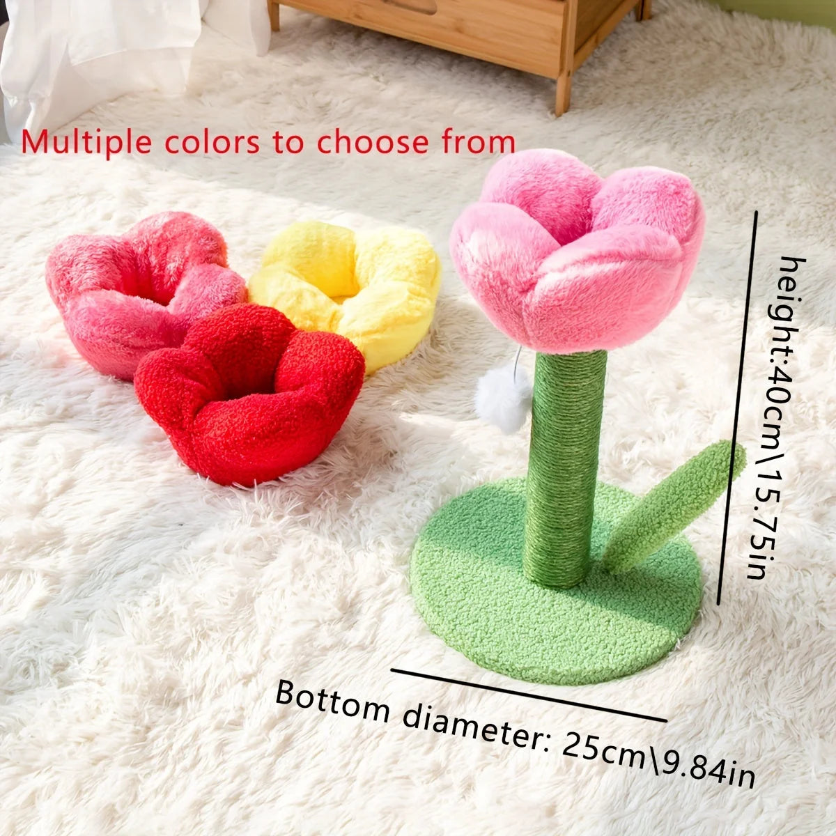 Multiple colorful flower tops available for DIY cat scratching post, showing dimensions and height.
