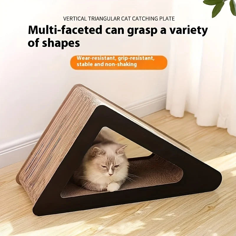 Cat comfortably resting inside a multifunctional triangular cat scratcher, highlighting its versatility as one of the best cat scratchers.