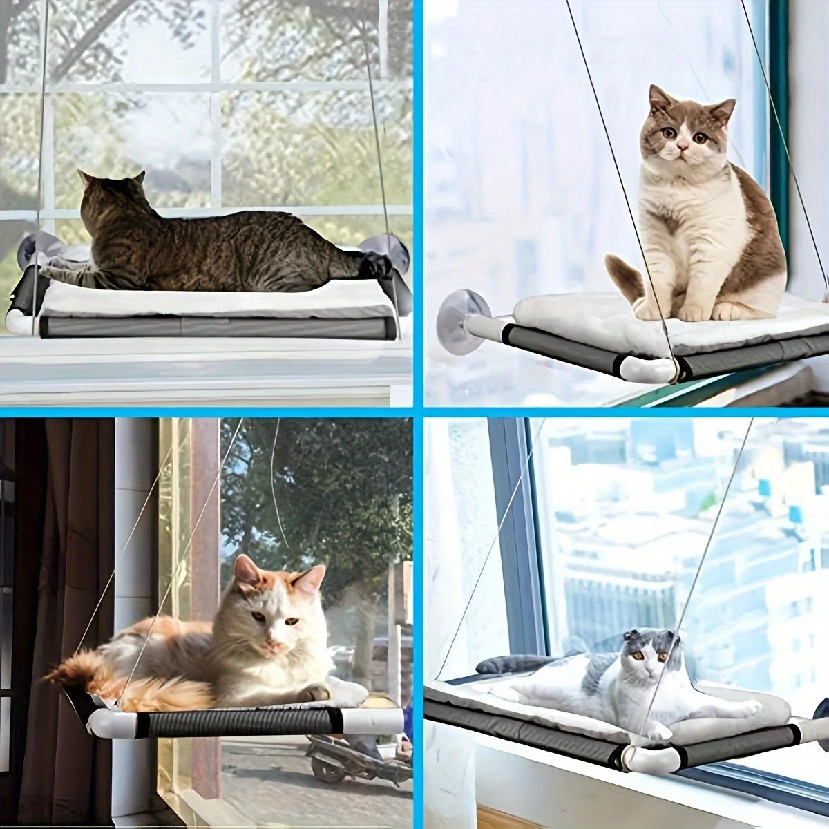 Step-by-step installation guide showing a Cat Window Bed attached with strong suction cups for easy setup on windows.