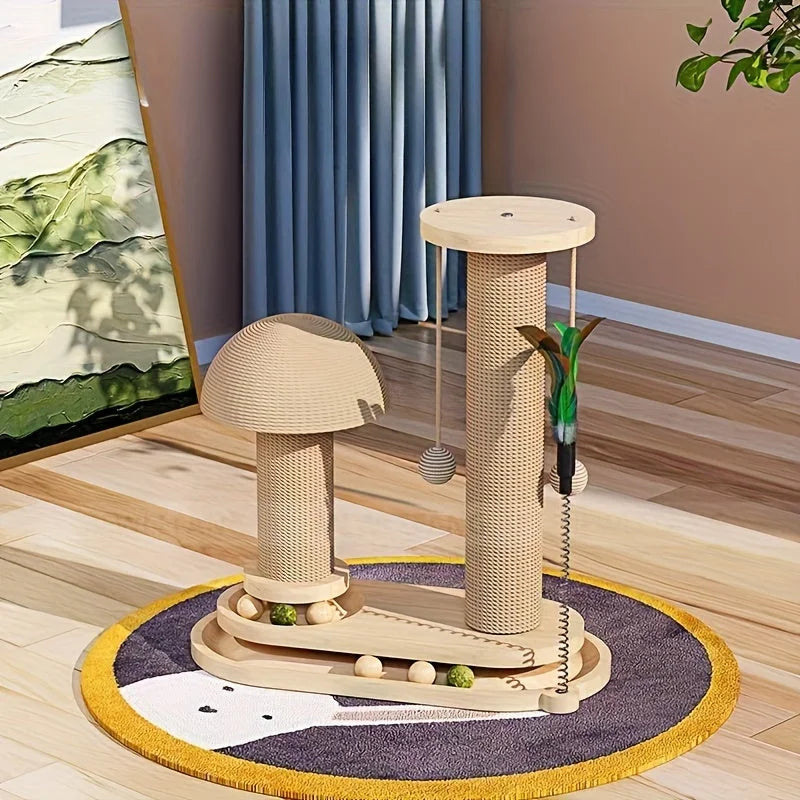 Mushroom-design cat playground with interactive toys and durable rope for cat scratching post, enhancing feline entertainment indoors.