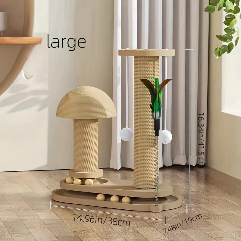 Large mushroom-themed cat scratcher featuring sturdy rope for cat scratching post placed elegantly in a modern home setting.