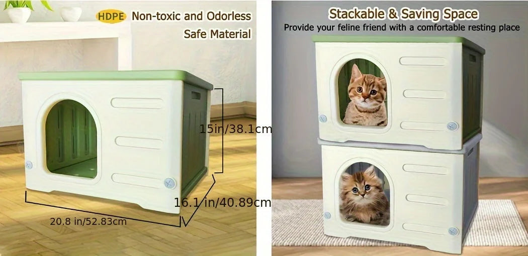 Non-toxic and odorless plastic cat house with safe materials, measuring 20.8in x 16.1in x 15in