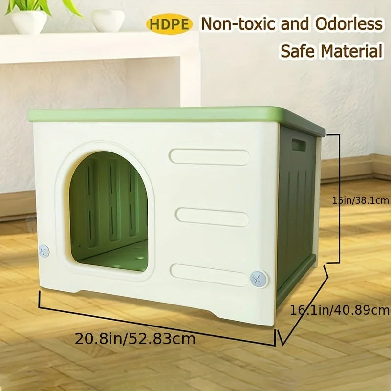 Non-toxic and odorless plastic cat house with safe materials, measuring 20.8in x 16.1in x 15in