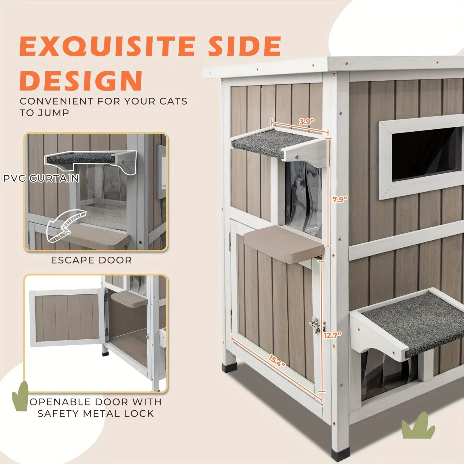 Outdoor cat house for feral cats featuring a convenient escape door, PVC curtain, and safety metal lock