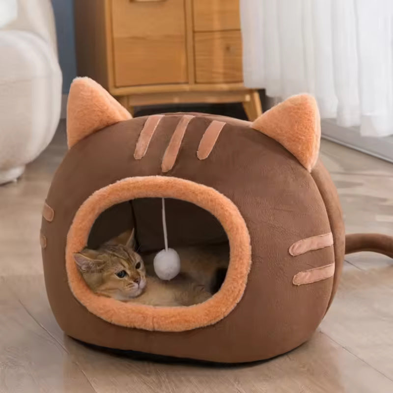 Soft Peach Good Cat Bed with Swinging Pom-Pom Toy