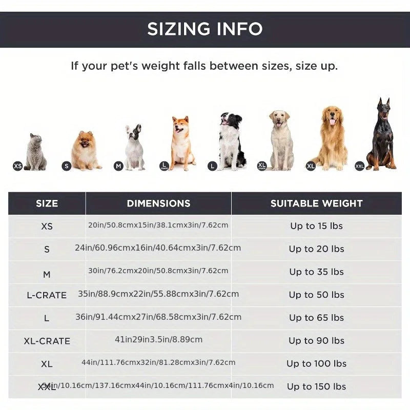 Pet sizing chart showing dimensions for various sizes, helpful for choosing appropriately sized cat scratch posts.