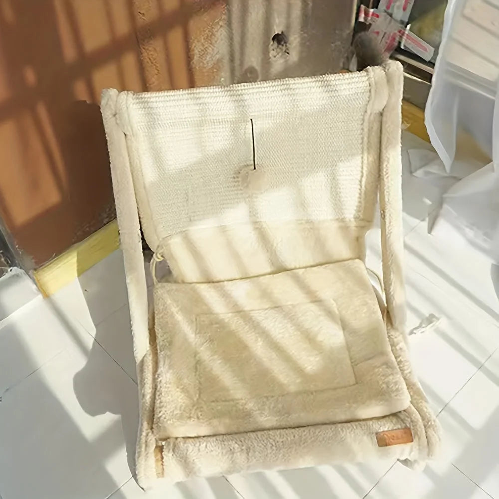 Person assembling parts of a cat scratching post with bed, showcasing easy setup.
