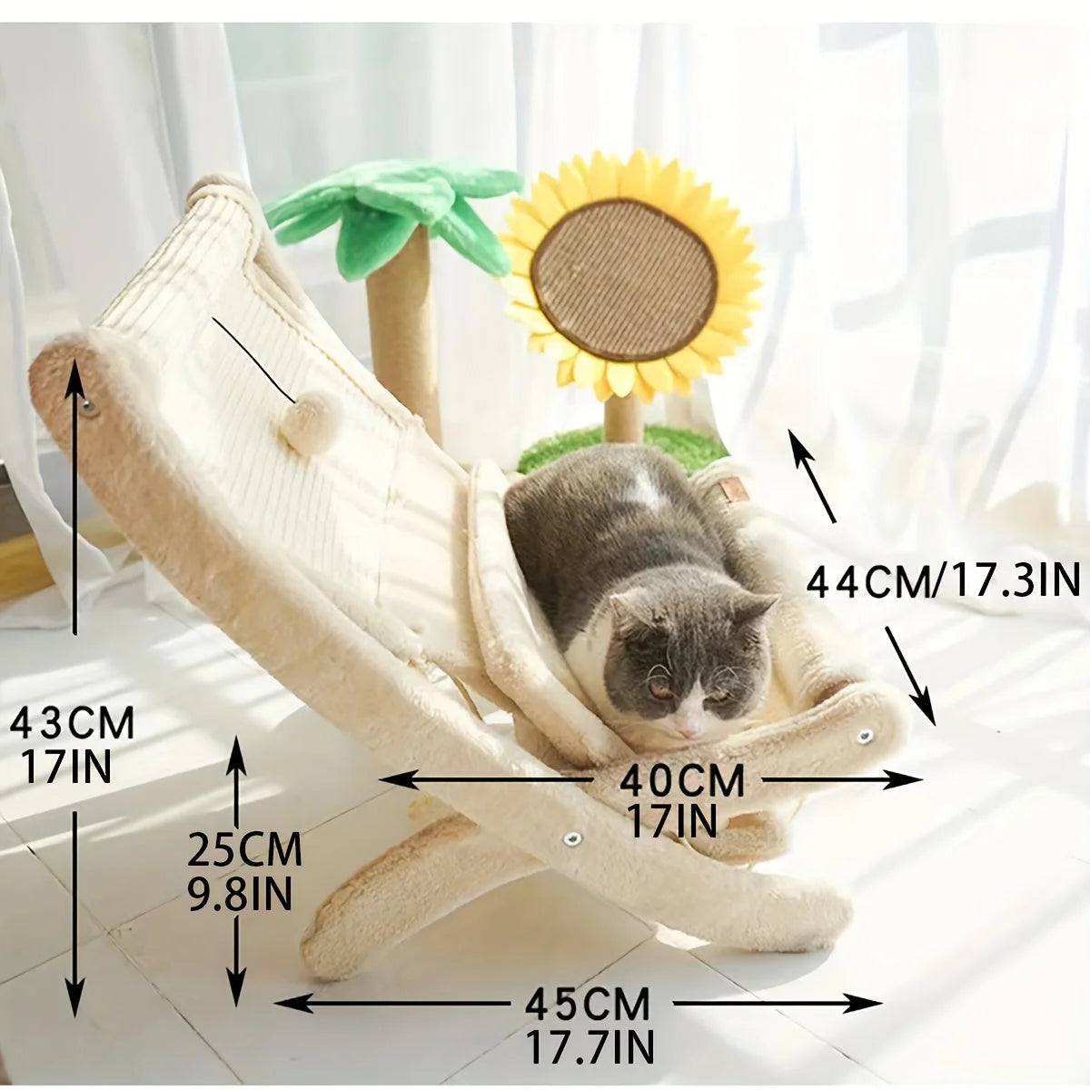 Cat scratching post with bed dimensions illustrated clearly, providing product measurements.
