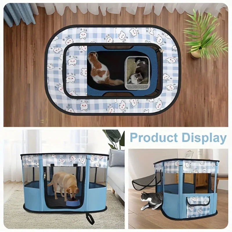 A portable playpen with a blue and white pattern featuring cartoon animals.