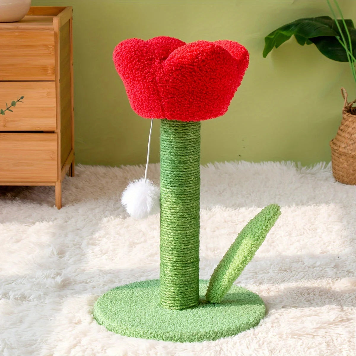 Red flower-shaped DIY cat scratching post, crafted to provide playful moments for cats.