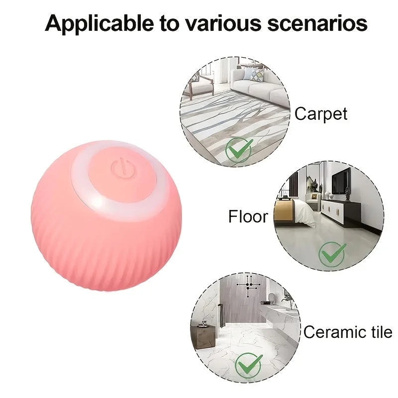 Rolling ball cat toy suitable for use on carpet, floor, and ceramic tile surfaces.