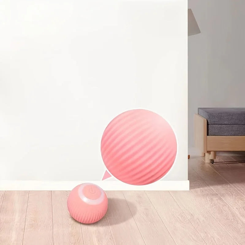 Close-up image of rolling ball cat toy showing its design and button features