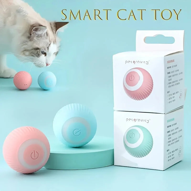 Rolling ball cat toy packaging with the toy and a curious cat, showcasing the product's appeal