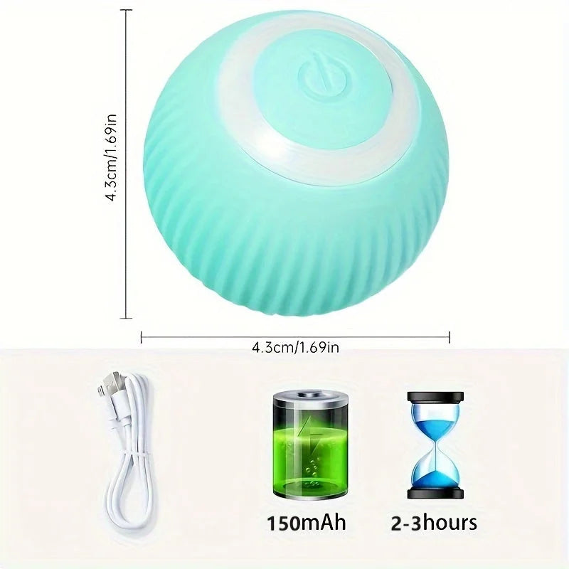 Detailed view of rolling ball cat toy with size specifications and USB charging port