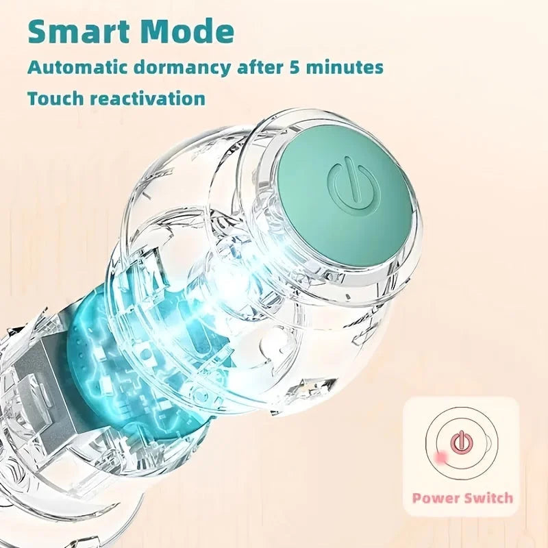 Rolling ball cat toy in smart mode with automatic dormancy after 5 minutes and touch reactivation feature