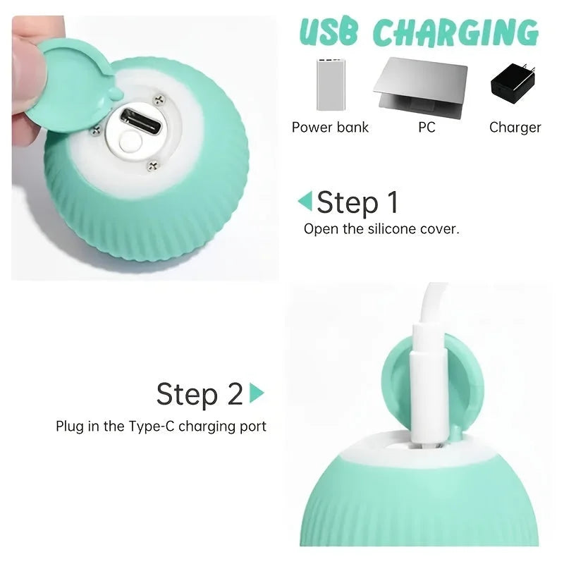 Step-by-step guide for USB charging the rolling ball cat toy, showing the silicone cover and charging port.
