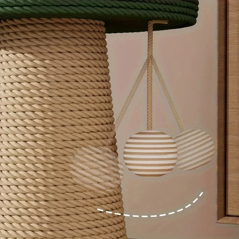 Close-up of a good scratching post for cats featuring a hanging teaser ball for interactive play.