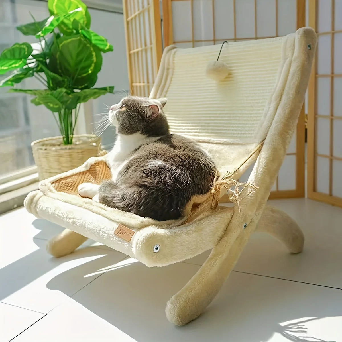 Stylish cat scratching post with bed placed next to decorative sunflower and palm tree accessories.