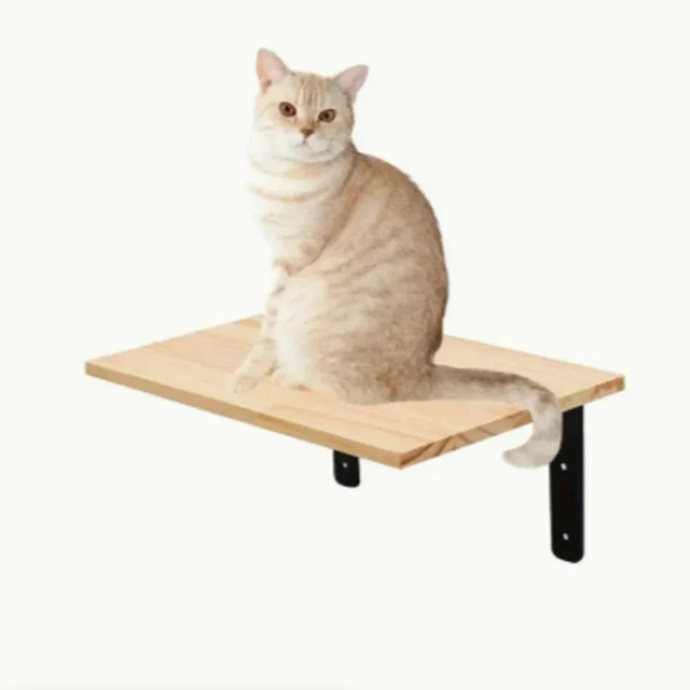 Simple wooden cat wall shelf for climbing and lounging.