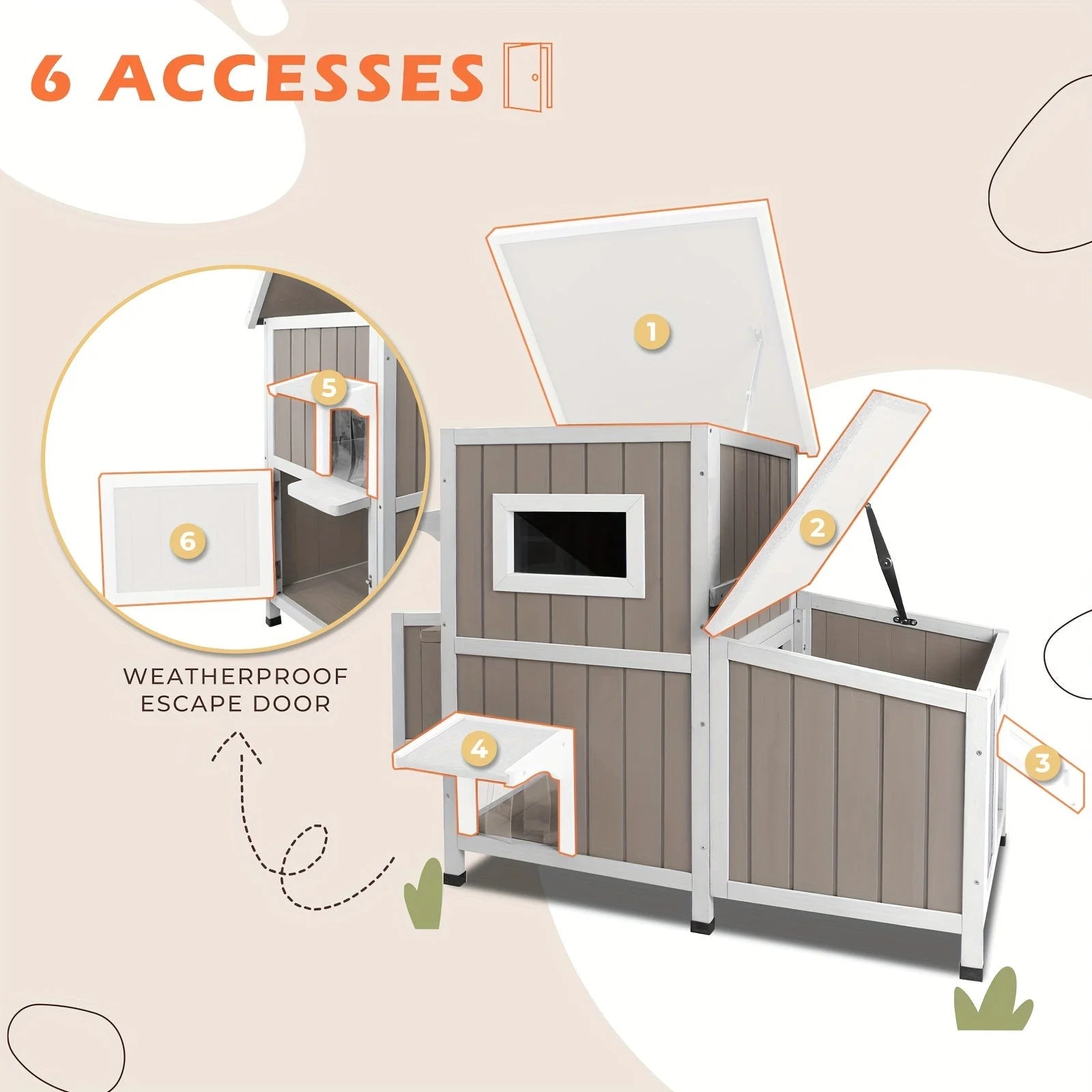 Outdoor cat house for feral cats with six convenient access points for easy entry and exit