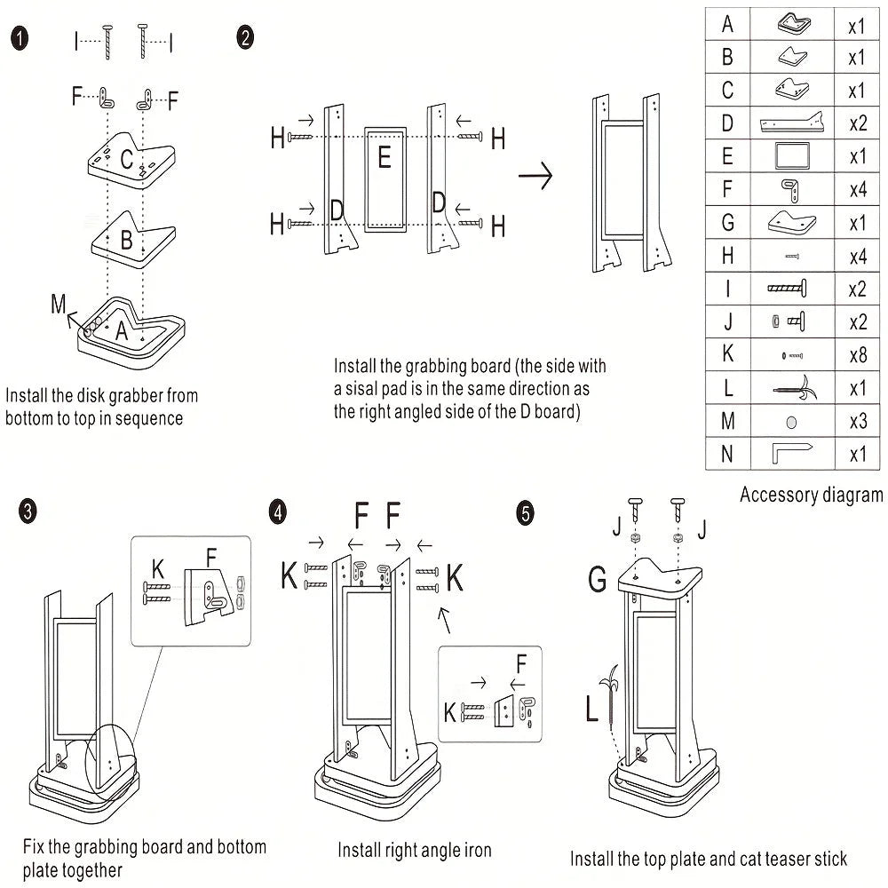 Step-by-step assembly guide and accessory diagram for a small-sized large cat scratching post.
